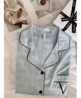 Spring/Autumn Women's Ice Silk Pajamas: Light Blue Bow Pattern Loungewear Set