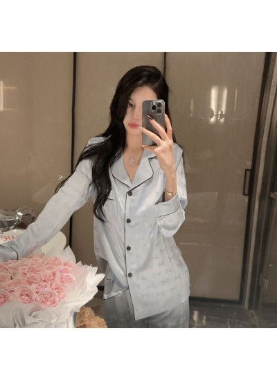 Spring/Autumn Women's Ice Silk Pajamas: Light Blue Bow Pattern Loungewear Set