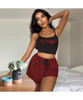 Women's Striped Letter Print Cami Pajama Set - Com...