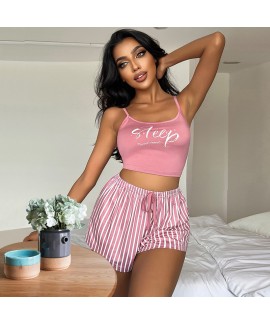 Women's Striped Letter Print Cami Pajama Set - Comfortable and Stylish