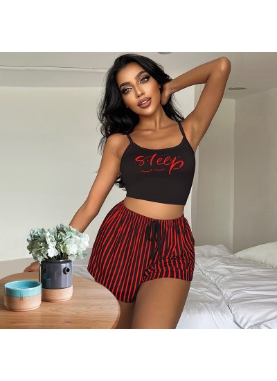 Women's Striped Letter Print Cami Pajama Set - Comfortable and Stylish