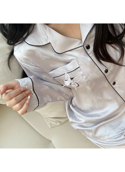 Soft and Luxurious Moonlight White Ice Silk Loungewear with Delicate Butterfly Embroidery