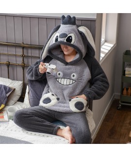 Autumn Winter Men's Thickened Flannel Coral Fleece Youth Student Cartoon Hooded Warm Homewear Set