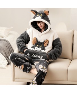 Autumn Winter Men's Thickened Flannel Coral Fleece Youth Student Cartoon Hooded Warm Homewear Set