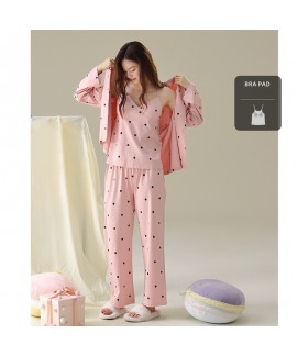 Spring And Autumn Yellow, Pink, Purple Cotton Pajama Set with Built-in Bra for Women