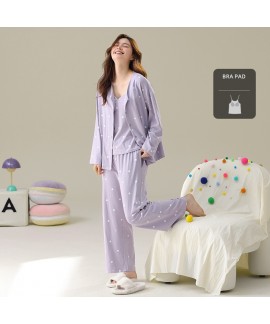 Spring And Autumn Yellow, Pink, Purple Cotton Pajama Set with Built-in Bra for Women