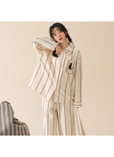 Women's Cotton Striped Leaf Cat Pajama Set - Comfortable Spring/Autumn Loungewear