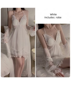 Sexy Winter Backless Chest Pad Strap Nightdress with Robe, Plus Size Women’s Loungewear Set