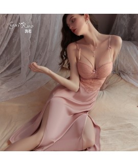 Sexy Lounge Set with Satin Chest Pad, Lace Side Split Strap Sleep Dress, Homewear