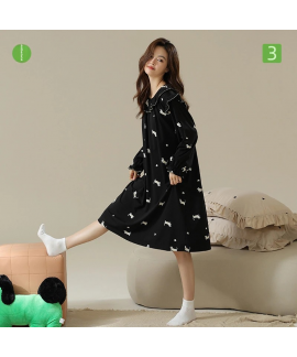 Spring and Autumn Long Sleeve Nightdress for Women, Cotton Mid-Length with Puppy Print