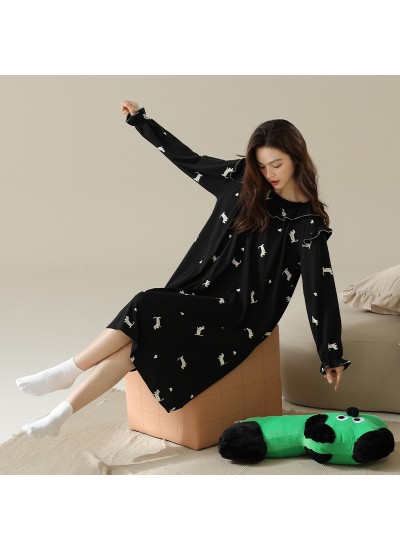 Spring and Autumn Long Sleeve Nightdress for Women, Cotton Mid-Length with Puppy Print