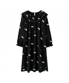 Spring and Autumn Long Sleeve Nightdress for Women, Cotton Mid-Length with Puppy Print