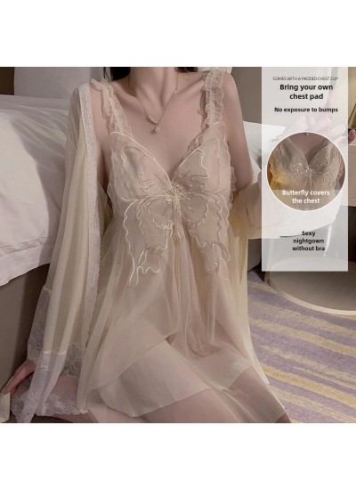 Tempting Butterfly Chest Pad Strap Nightdress with Robe, Plus Size Pajamas