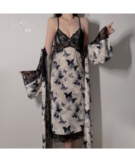 Vintage Lace Butterfly Print Chest Pad Strap Sleep Dress with Robe, Plus Size Set