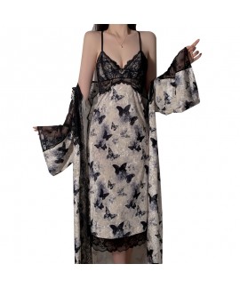 Vintage Lace Butterfly Print Chest Pad Strap Sleep Dress with Robe, Plus Size Set