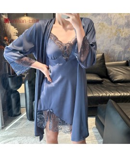 Sexy Ice Silk Strap Sleep Dress Set with Chest Pad, Comfortable Pajamas