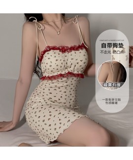 Sweet Lace Floral Strap Nightdress with Chest Pads...