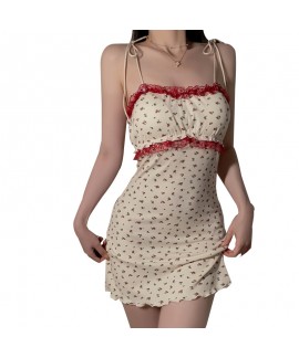 Sweet Lace Floral Strap Nightdress with Chest Pads, Ladies Sexy Nightdress