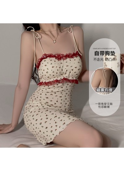 Sweet Lace Floral Strap Nightdress with Chest Pads, Ladies Sexy Nightdress