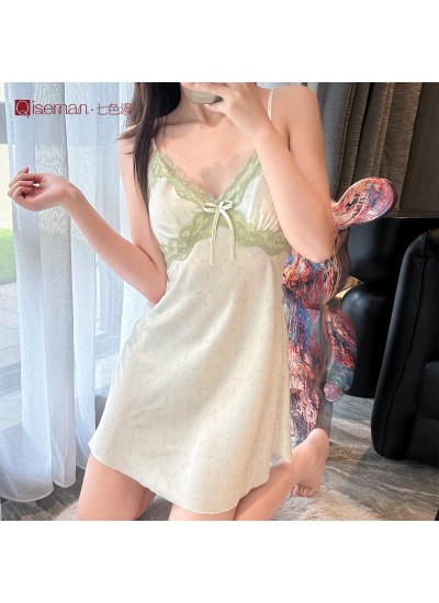 Lace Strap Sleep Dress with Chest Pads, Floral Silk Satin Sexy Nightdress for Women