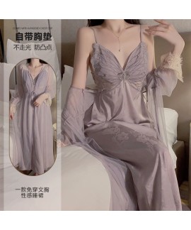 Long Sexy Chest Pad Ice Silk Strap Sleep Dress wit...