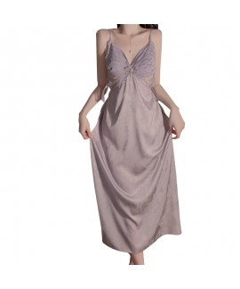 Long Sexy Chest Pad Ice Silk Strap Sleep Dress with Sheer Mesh Robe, Nightwear