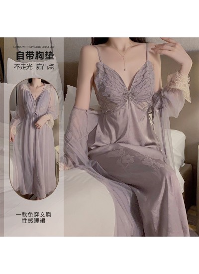 Long Sexy Chest Pad Ice Silk Strap Sleep Dress with Sheer Mesh Robe, Nightwear