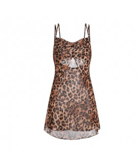 Sexy Transparent Leopard Print Sleepwear with Butterfly Detail, Strap Nightie