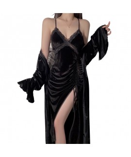 Velvet Fashionable Drawstring High Slit Sexy Sleepwear with Chest Pad, Strap Nightdress and Robe Set