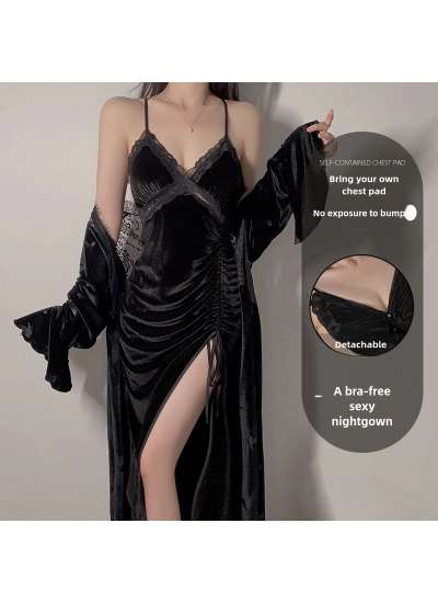 Velvet Fashionable Drawstring High Slit Sexy Sleepwear with Chest Pad, Strap Nightdress and Robe Set