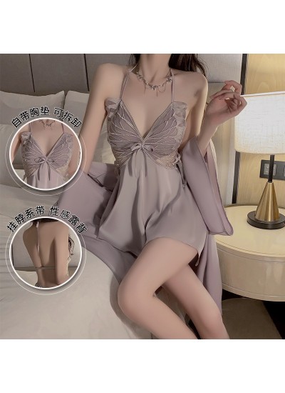 Sexy Silk Chest Pad Gathering Bowknot Strap Sleep Dress and Robe, Sleepwear Set