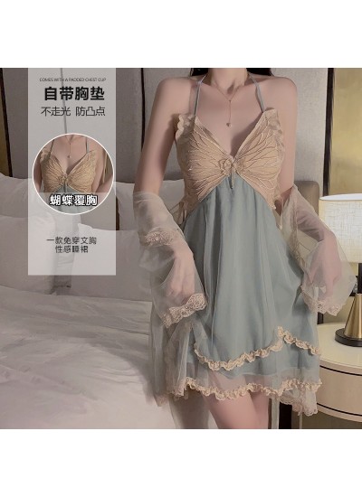 Sexy Winter Backless Chest Pad Strap Nightdress with Robe, Plus Size Women’s Loungewear Set