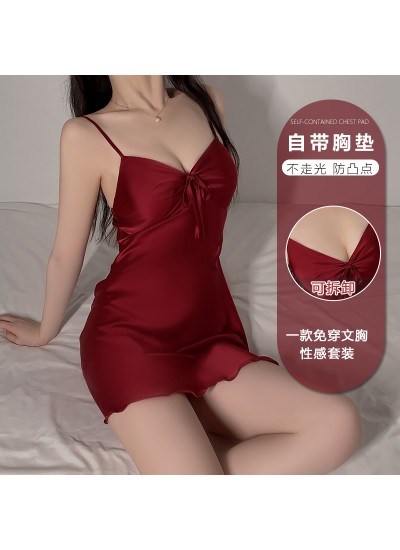 Sweet Ice Silk Temptation Chest Pad Strap Nightdress for Women