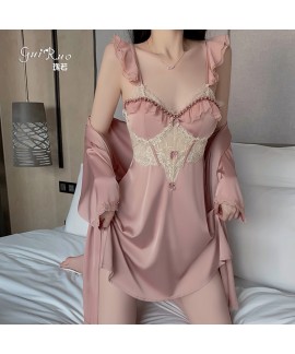 Deep V Low-Cut Chest Pad Sleepwear with Flying Sleeves and Pearls, Backless Strap Nightdress