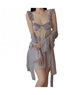 Deep V Low-Cut Chest Pad Sleepwear with Flying Sleeves and Pearls, Backless Strap Nightdress