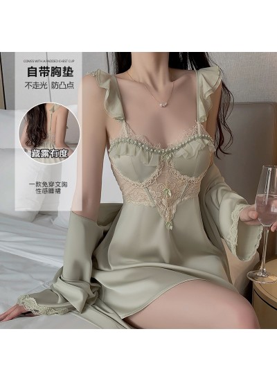 Deep V Low-Cut Chest Pad Sleepwear with Flying Sleeves and Pearls, Backless Strap Nightdress