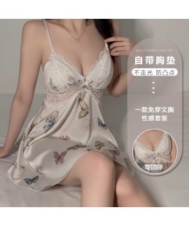 Sexy Hollow Lace Deep V Sleepwear with Chest Pads,...