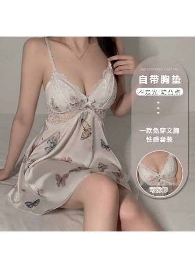 Sexy Hollow Lace Deep V Sleepwear with Chest Pads, Floral Strap Nightdress, Lounge Wear