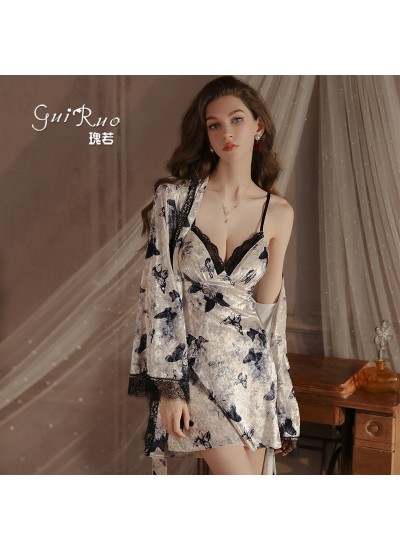 Hot Deep V Low-Cut Chest Pad Backless Strap Nightdress with Robe, Plus Size Lounge Sets