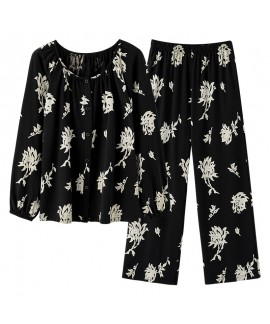 Spring/Autumn Black Floral Print Long Sleeve Pajama Set for Women