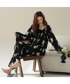 Spring/Autumn Black Floral Print Long Sleeve Pajama Set for Women