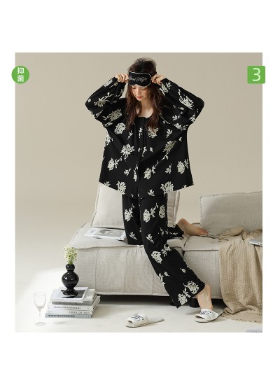 Spring/Autumn Black Floral Print Long Sleeve Pajama Set for Women