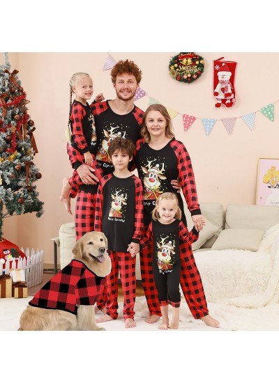 Merry Christmas Reindeer Family Pajama Set – Plaid Patchwork Parent-Child Loungewear