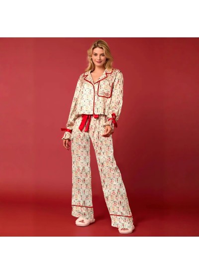 Satin Nutcracker Print Women's Christmas Pajama Set – Long Sleeve & Pants