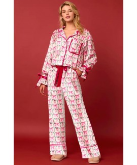 Santa Claus and Christmas tree Print Xmas Women's Long Sleeve Long Pants Pajama Set