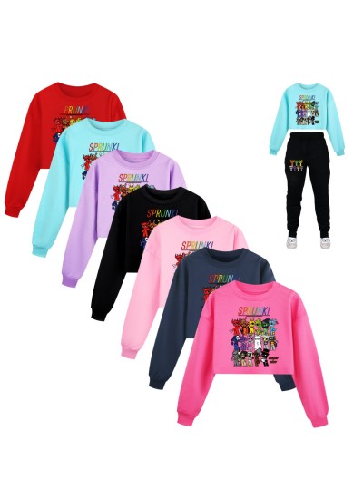 Sprunki Girls Loose Waist Sweatshirt & Jogger Set - Stylish and Comfortable Sports Outfit