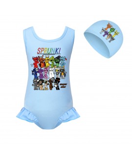 Sprunki Girls One-Piece Swimsuit & Swim Cap Set - Stylish Beachwear for Girls