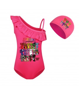 Sprunki Girls One-Piece Swimsuit & Swim Cap Set - Stylish Beachwear for Girls