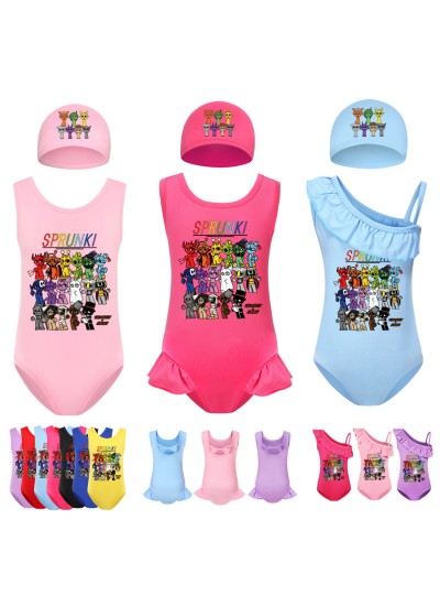 Sprunki Girls One-Piece Swimsuit & Swim Cap Set - Stylish Beachwear for Girls