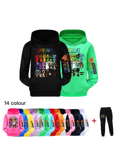 Sprunki Rhythm Box Pocket Hoodie Unisex Kids Long Sleeve Print Sports Set